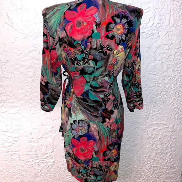🌼Vintage Multicolor Marble Floral Ruffle Side Tie Pencil Dress - Picture 12 of 12
